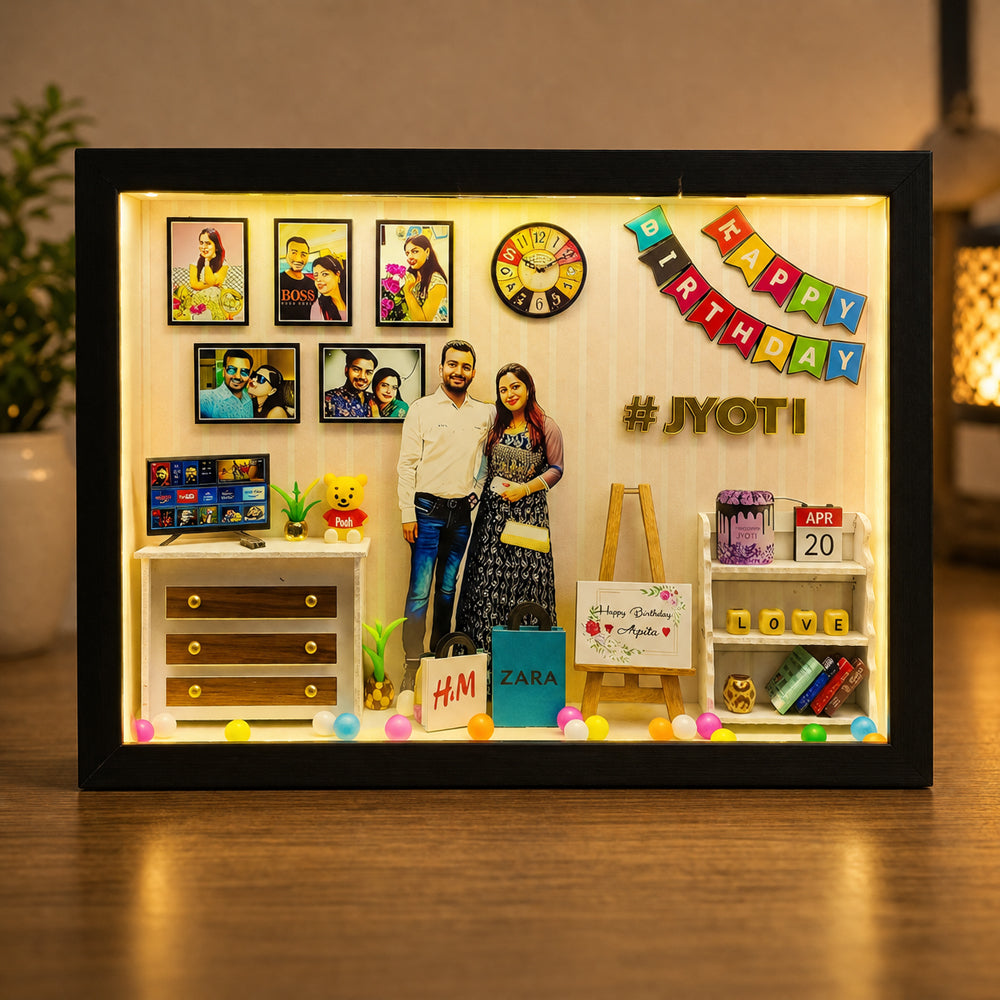Personalized LED Birthday Memory Shadow Box Frame | Custom 3D Photo Frame with Name &amp; Miniature Decor