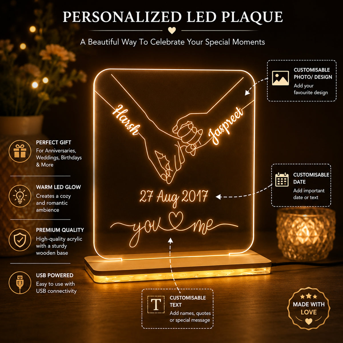 Customized Couple LED Light – Name & Date Romantic Gift for Couples