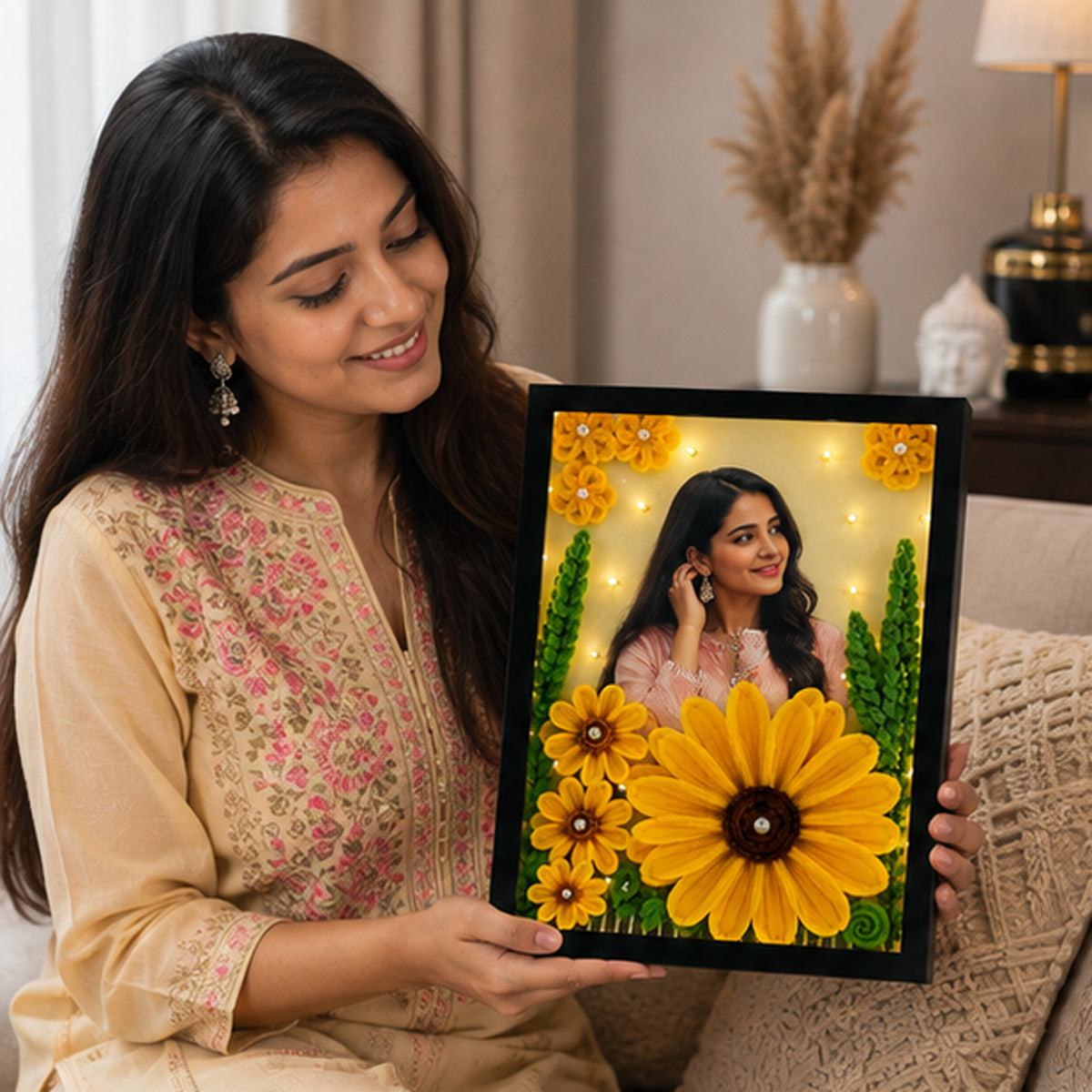 Personalized LED Photo Frame with Handmade 3D Flowers