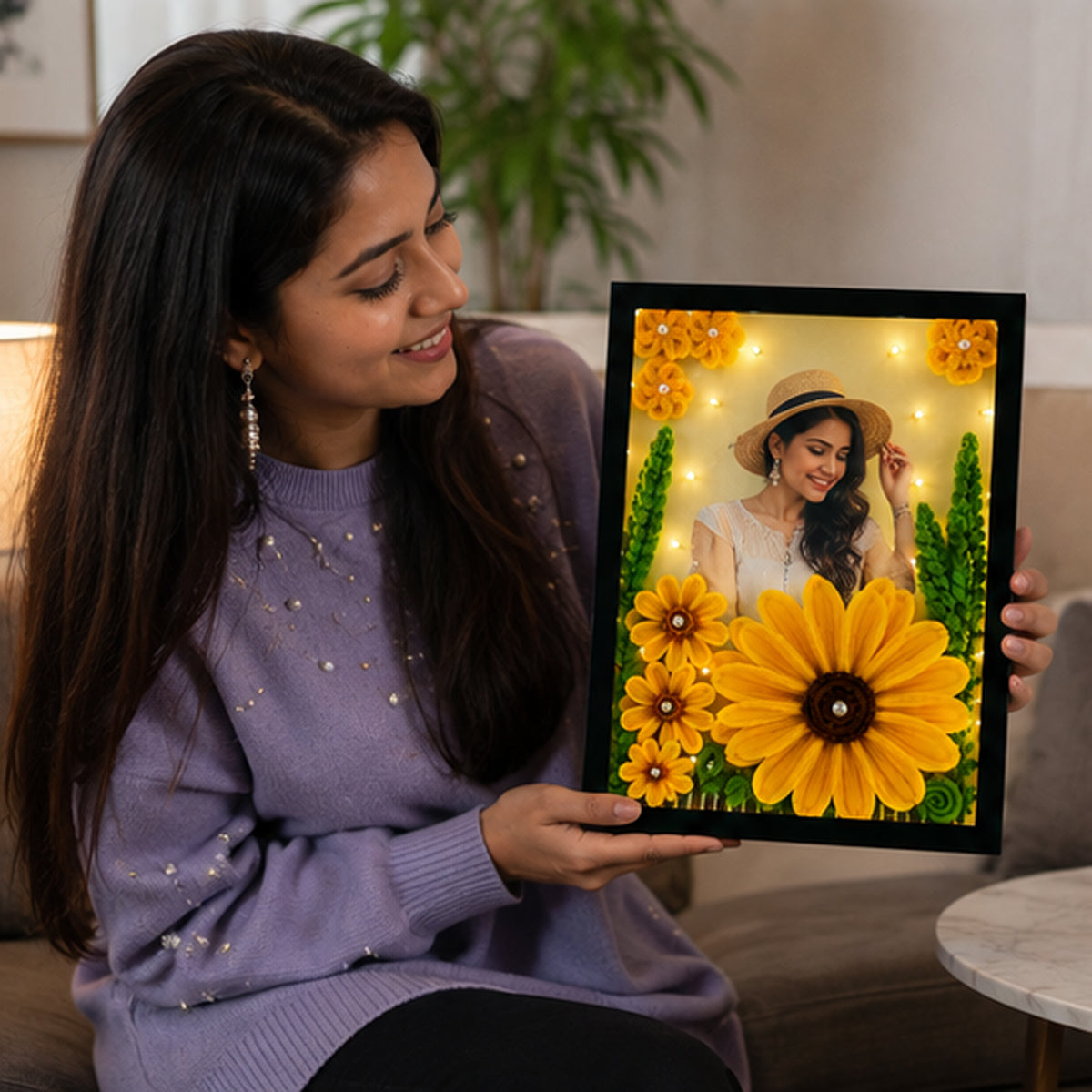 Personalized LED Photo Frame with Handmade 3D Flowers