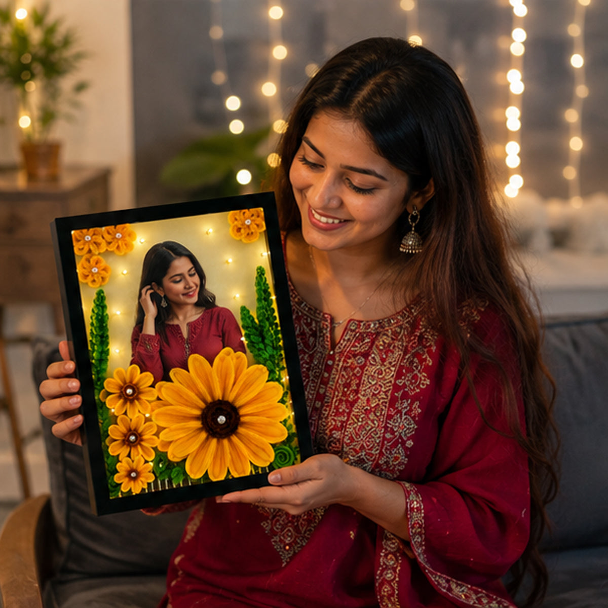 Personalized LED Photo Frame with Handmade 3D Flowers
